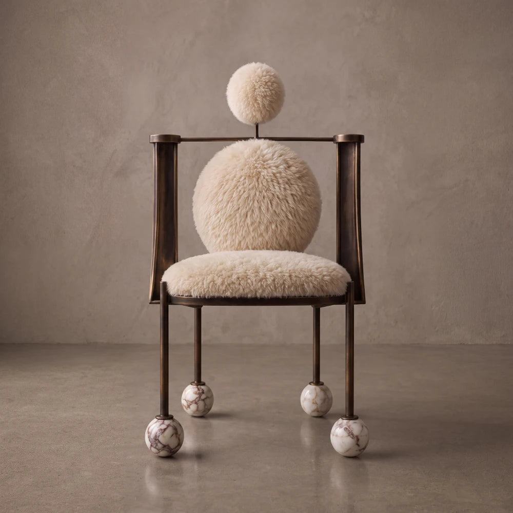 Front view of the Ballet dining chair by Diamant Versatile, highlighting its circular fur cushions, pompom detail and slender metal frame.